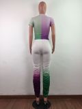 Contrast Purple & Green Two Piece Ruched Pants Set