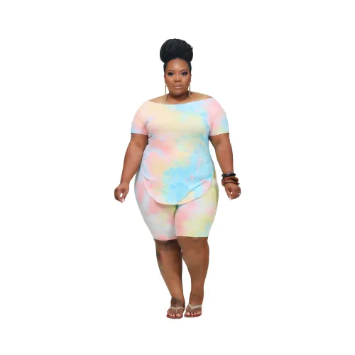 Tie Dye Blue & Pink Plus Size Two Piece Shorts Set