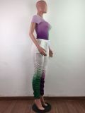 Contrast Purple & Green Two Piece Ruched Pants Set