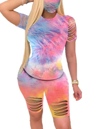 Tie Dye Multicolor Ripped Top & Shorts Set(without Mask)
