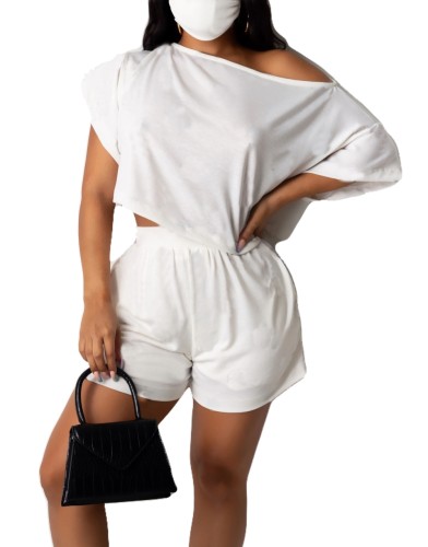 White Cotton Blends Casual Crop Top & Shorts