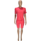 Red Puff Sleevses Casual Top & Pocket Shorts