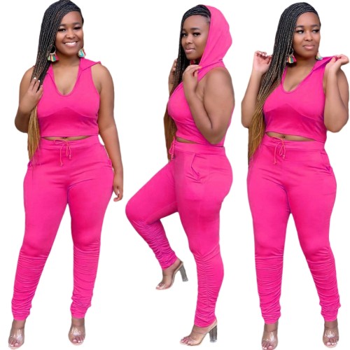 Hot Pink Sleeveless Hoody Top and Stacked Pants