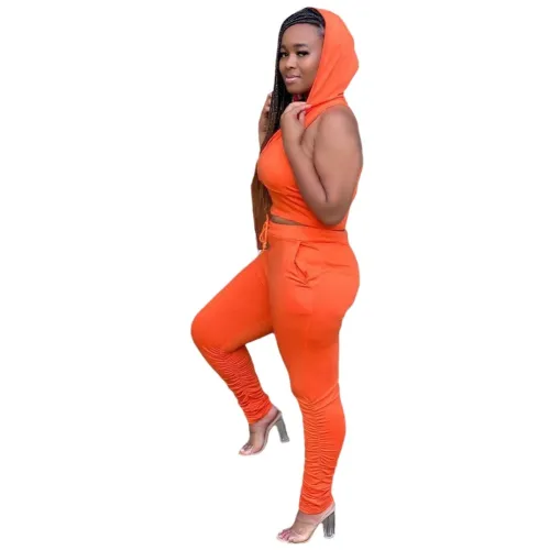 Orange Sleeveless Hoody Top with Ruched Pocket Pants