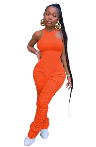Orange Sleeveless Ruched Jumpsuit