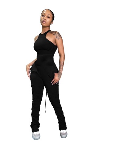 Black Sleeveless Ruched Jumpsuit
