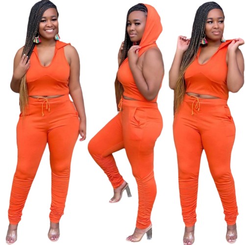 Orange Sleeveless Hoody Top with Ruched Pocket Pants