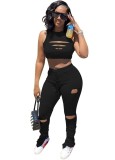 Black Ripped Sleeveless Ruched  Two Piece Pants Set