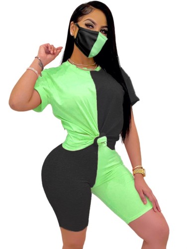 Color Block Two Piece Shorts Set with Face Cover