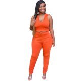 Orange Sleeveless Hoody Top with Ruched Pocket Pants