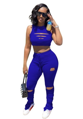 Blue Ripped Sleeveless Crop Top & Ruched Pants