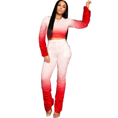 Red Ombre Ruched Two Piece Pants Set