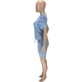 Blue Puff Sleevses Casual Top & Pocket Shorts