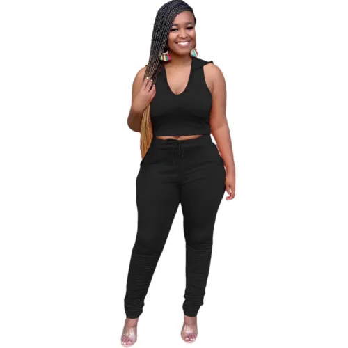 Black Sleeveless Hooded Top with Ruched Pants