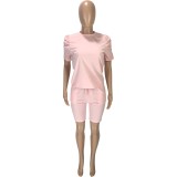 Pink Puff Sleevses Casual Top & Pocket Shorts