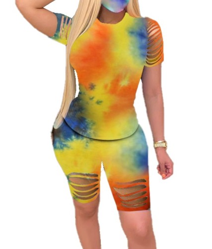 Tie Dye Colorful Two Piece Ripped Shorts Set(without Mask)