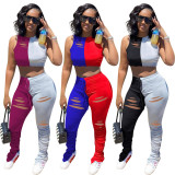 Colorblock Blue & Red Ripped Two Piece Shorts Set