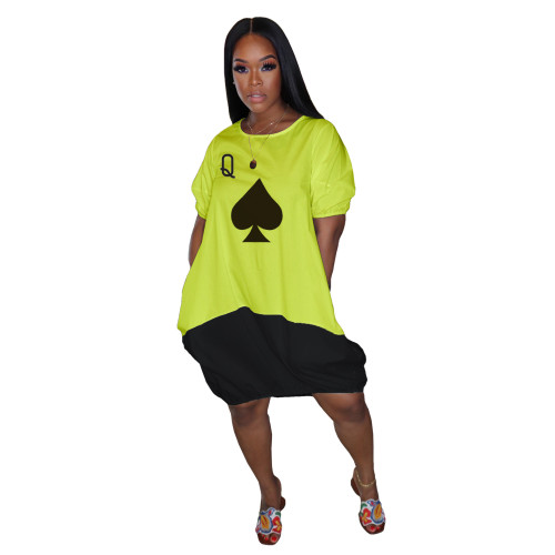 Poker Print Contrast Green Casual Dress