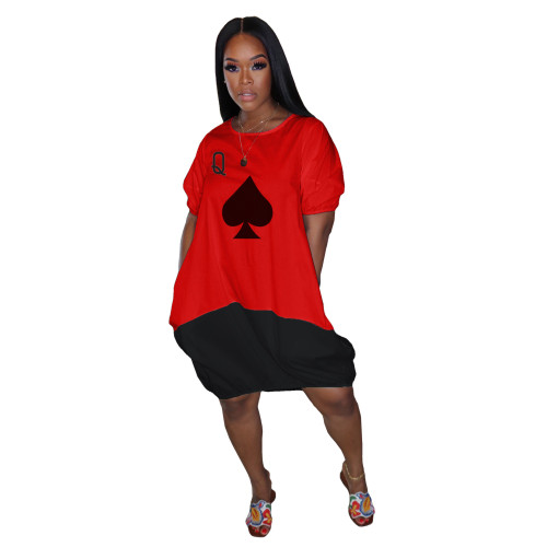 Poker Print Contrast Red Casual Dress