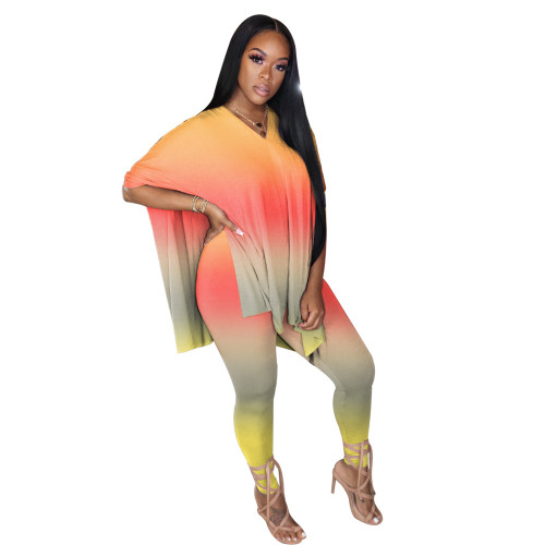 Tie Dye Orange Plus Size Two Piece Pants Set