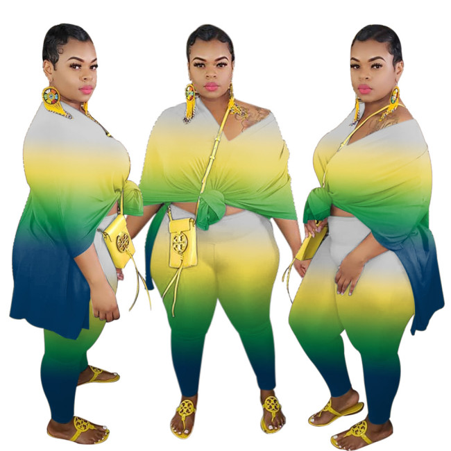 Tie Dye Green Plus Size Two Piece Pants Set