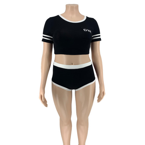 Plus Contrast Black Sporty Crop Top & Shorts Set