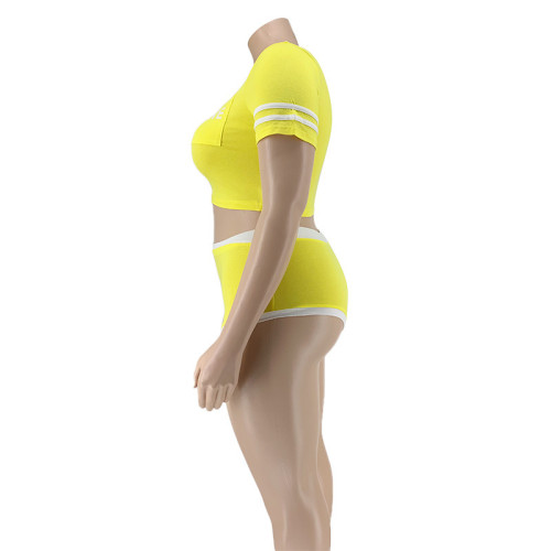 Plus Contrast Yellow Sporty Crop Top & Shorts Set