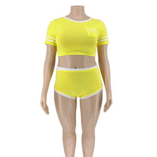 Plus Contrast Yellow Sporty Crop Top & Shorts Set