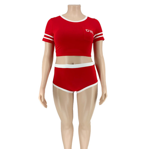 Plus Contrast Red Sporty Crop Top & Shorts Set