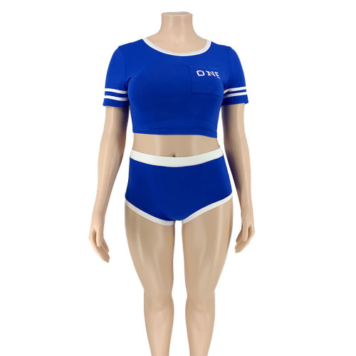 Plus Contrast Blue Sporty Crop Top & Shorts Set