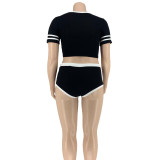 Plus Contrast Black Sporty Crop Top & Shorts Set