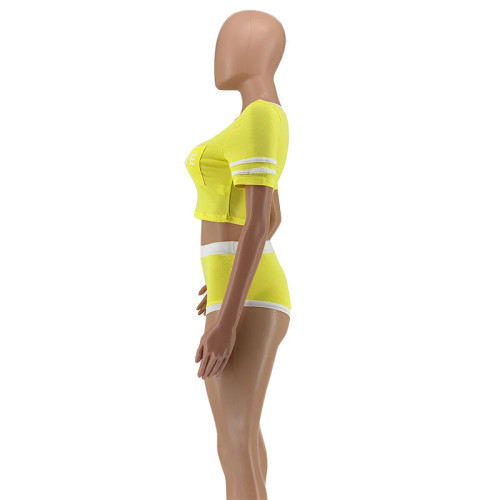 Contrast Yellow Sporty Crop Top & Shorts Set