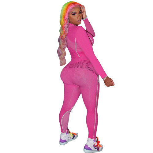 Print Hot Pink Sporty Long Sleeve Two Piece Pants Set