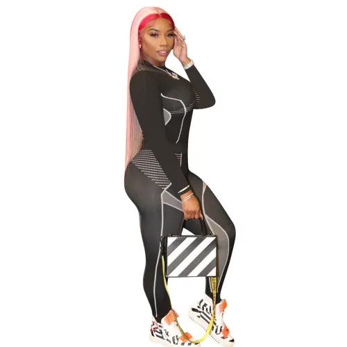 Print Black Sporty Long Sleeve Two Piece Pants Set