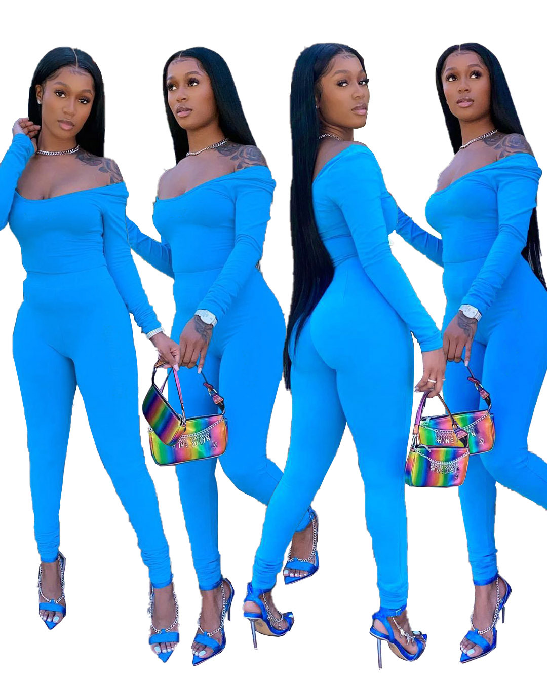 Solid Blue Long Sleeve Fitted Two Piece Pants Set US$ 7.26 - www.lover ...