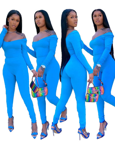 Solid Blue Long Sleeve Fitted Two Piece Pants Set