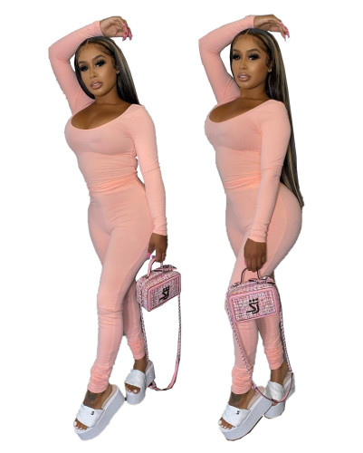 Solid Pink Long Sleeve Fitted Two Piece Pants Set