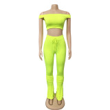 Neon Green Cotton Blends Bandeau & Stack Slit Pants Set
