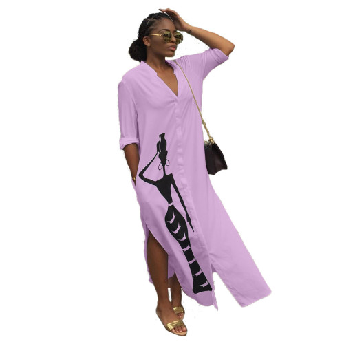 Print Purple Button Long Shirt Dress
