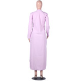 Print Purple Button Long Shirt Dress