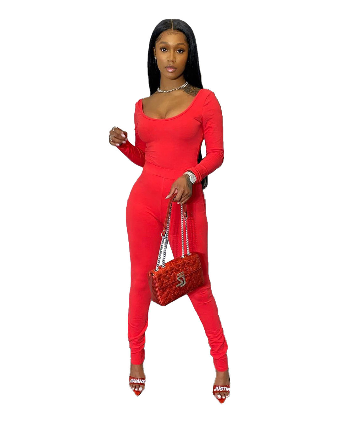 Solid Red Long Sleeve Fitted Two Piece Pants Set US$ 7.26 - www.lover ...