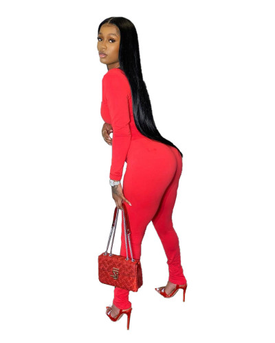 Solid Red Long Sleeve Fitted Two Piece Pants Set
