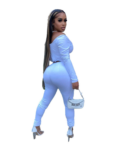 Solid White Long Sleeve Fitted Two Piece Pants Set