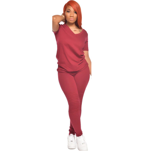 Red V Neck Two Piece Pants Set