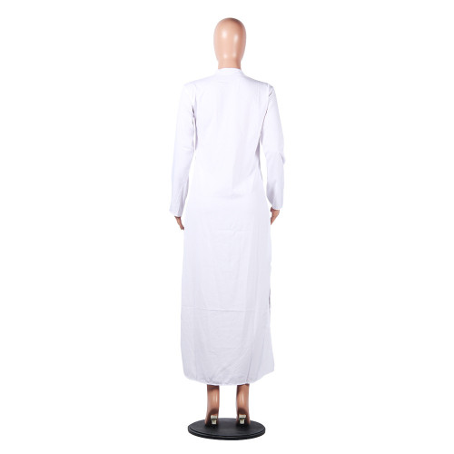 Print White Button Long Shirt Dress