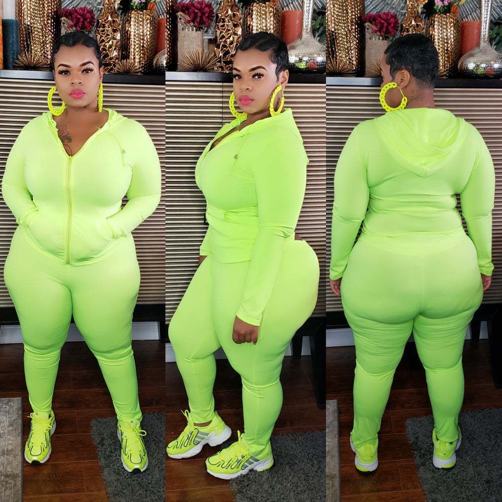 Neon Green Plus Size Solid Tracksuit US$ 11.79 - www.lover-pretty.com