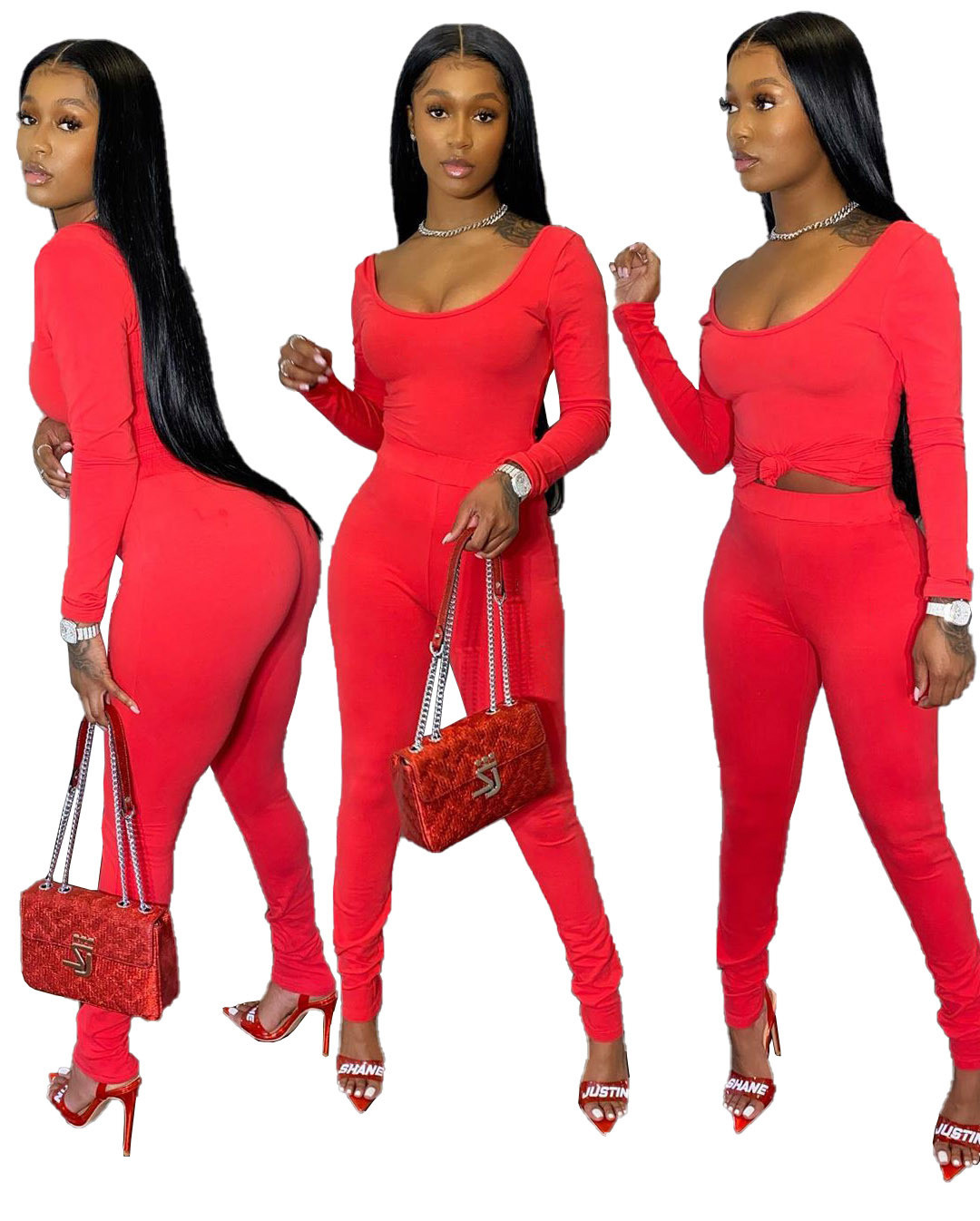 Solid Red Long Sleeve Fitted Two Piece Pants Set US$ 7.26 - www.lover ...