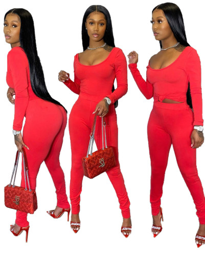 Solid Red Long Sleeve Fitted Two Piece Pants Set