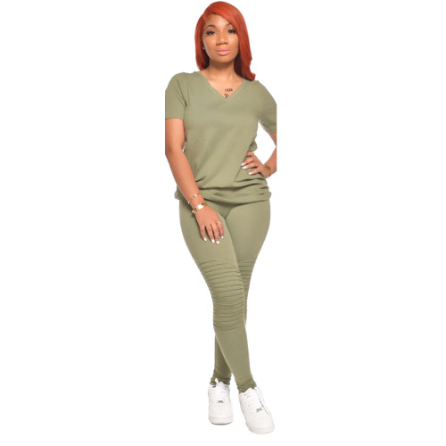 Light Green V Neck Ruched Two Piece Pants Set
