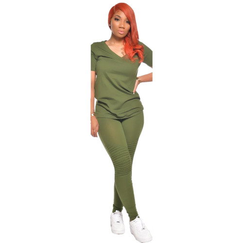 Army Green V Neck Two Piece Pants Set